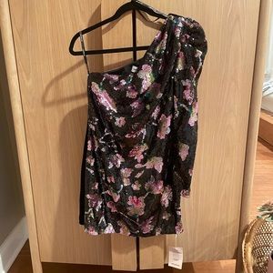 NWT Self Portrait One-shoulder Midnight Bloom Sequin Dress In Black